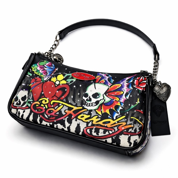 Ed Hardy Handbags - Ed Hardy Skull Heart Flame Shoulder Bag Y2K Tattoo Crossbody Studded Rhinestone